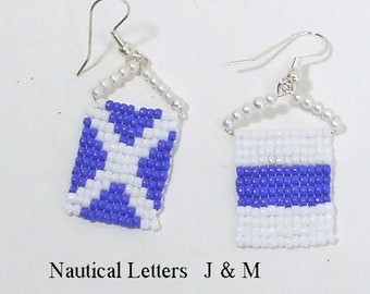 Personalized, Navy Flag Initial, Custom hand Crafted, Beaded Bead, Earrings