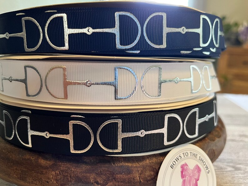5 yds 7\/8 ribbon Silver Foil Snaffle Bit Ribbon ,white, Navy, Black, Horse show Bows, Horse show Belts, Horse Ribbon.