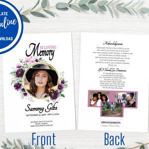 May include: A memorial card template with a photo of a person in a hat, surrounded by a floral wreath. The front of the card reads "In Loving Memory" and the name "Sammy Gibbs." The back includes text and photos. The words "DIY Template" and "Edit Online" are also visible.