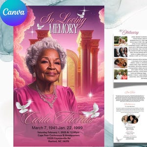 Modello di programma funebre rosa e oro / Necrologio per la celebrazione della vita / Modificabile su Canva (Download digitale immediato) Perdita di una persona cara