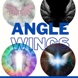 May include: Four digital designs of angel wings in different styles. The wings are white, pink, and gray. The designs are set against a variety of backgrounds, including clouds, a black background, and a rainbow.