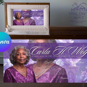 Può includere: Un biglietto commemorativo viola e bianco con una foto di Carla H. Wolfe. Il biglietto contiene una citazione su Dio che la porta a casa e un testo sovrapposto con le date dal 20 aprile 1950 al 29 marzo 2024.