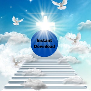 May include: A white cross with a bright light shining from behind it. White doves fly in a blue sky with white clouds. A blue circle with the text "Instant Download" is in the foreground.