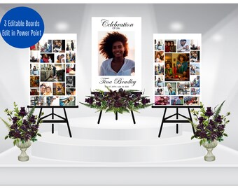 May include: Three white boards with black easels stand on a white platform. The center board has a black and white photo collage of a person with the text "Celebration of Life" and "Tina Bradley" on it. The boards on either side have black and white photo collages.