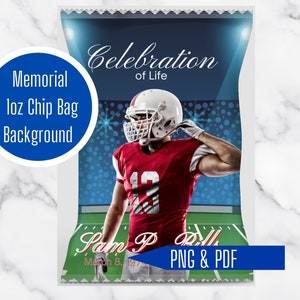 Youth Football Funeral Chip Bag, Obituary, Boy Sports Funeral, in loving memory, Memorial Favor, Funeral instant download, Background