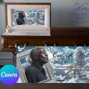May include: A memorial photo collage with a blue sky background and white doves. The collage features a portrait of Carl H. Wolfe, with his name and dates of birth and death. The text "Let not your heart be troubled. Ye believe in God, believe also in me. John 14:1" is included.