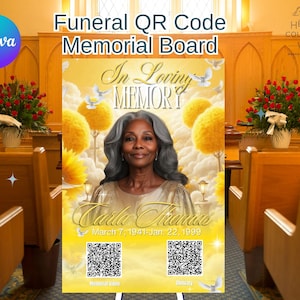 May include: A yellow and white memorial board with a photo of a woman and the text "In Loving Memory" and "Carla Thomas" with dates of birth and death. Two QR codes are at the bottom of the board, one labeled "Memorial Site" and the other labeled "Obituary".