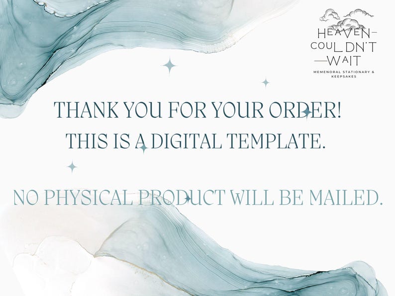 May include: Digital template announcement with a watercolor background in shades of blue and white. Text reads "Thank you for your order! This is a digital template. No physical product will be mailed."