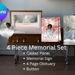May include: A memorial set featuring a casket panel, memorial sign, 4-page obituary, and button. The set includes a photo of a person with the text "Samantha D. Sousa". The words "4 Piece Memorial Set" are displayed.