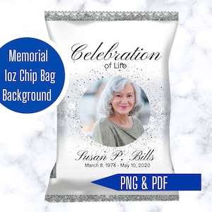 Mom White Silver & Gold Glitter Funeral Chip Bag, Glitz Obituary, Funeral, In Loving Memory, Memorial Favor, instant download, Background