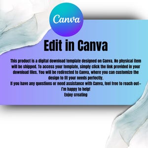 May include: Digital download template designed on Canva. The image features the Canva logo and the text "Edit in Canva." The product description explains the digital download process and customization options.