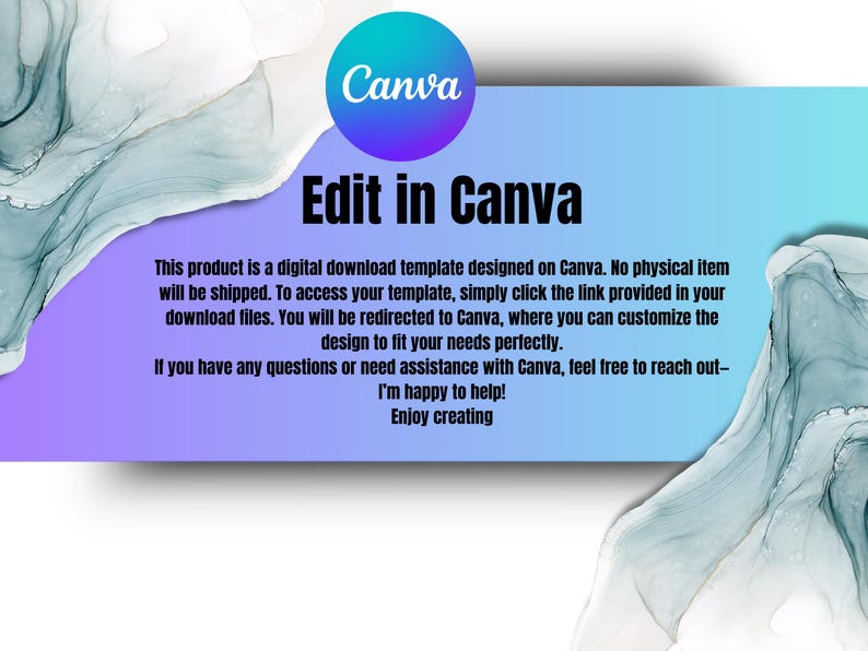 May include: Digital download template designed on Canva. The image features the Canva logo and the text "Edit in Canva." The product description explains the digital download process and customization options.