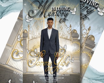 Mens 4 Page Modern Gold Heaven Gates Obituary|Program Template Celebration Life Editable Funeral Flyer Service|African American|Church