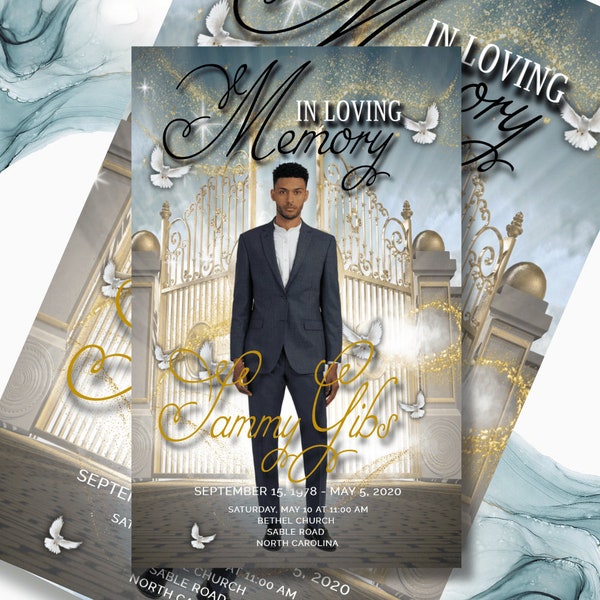 4 Page Modern Gold Heaven Gates Obituary|Program Template Celebration Life Editable Funeral Flyer Homegoing Service|African American|Church