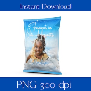 Funeral Chip Bag, Obituary Chip Bag, Blue Clouds Funeral Chip Bag in loving memory, Chip Bag Funeral instant download, Canva Template