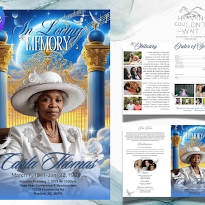 May include: A blue and gold memorial service programme with a photo of Carla Thomas. The programme includes an obituary, order of service, and a photo of Carla Thomas in a white dress and hat. The text "In Loving Memory" is at the top of the programme.