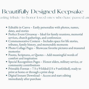 May include: A digital keepsake template with the text "Beautifully Designed Keepsake" and a list of features. Includes space for photos, stories, and quotes. Printable format is 7.5 x 9 inches folded.