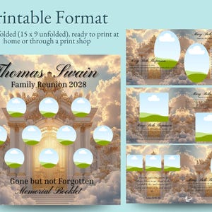 May include: A memorial booklet design with a cloudy sky background. The text reads "Thomas Swain Family Reunion 2028" and "Gone but not Forgotten Memorial Booklet." The design includes a printable format of 7.5 x 9 inches folded, ready to print.