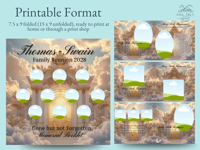 May include: A memorial booklet design with a cloudy sky background. The text reads "Thomas Swain Family Reunion 2028" and "Gone but not Forgotten Memorial Booklet." The design includes a printable format of 7.5 x 9 inches folded, ready to print.