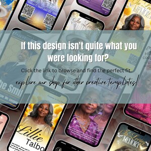May include: A collection of smartphone screens displaying memorial templates. Each screen features a photo of an individual, along with text that includes dates, names, and the phrase "In Loving Memory." The image also includes the text: "If this design isn't quite what you were looking for?"
