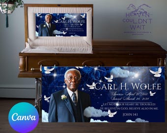 May include: A blue and white memorial banner with a photo of a man in a suit and tie. The banner has the text "Carl H. Wolfe" and the dates "Sunrise April 20, 1950" and "Sunset March 29, 2024". The banner also includes the quote "Let not your heart be troubled: Ye believe in God, believe also in me." and the scripture reference "John 14:1".