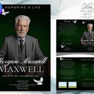 Dark Green Editable Men’s Obituary Template for Funeral |4 Page Canva Memorial Program |Celebration of Life |Printable Funeral Stationery
