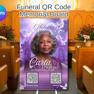 Plantilla de Canva de letrero de bienvenida conmemorativo con código QR y obituario digital morado de 20 x 30, tablero de celebración de la vida, letrero de homenaje fúnebre editable