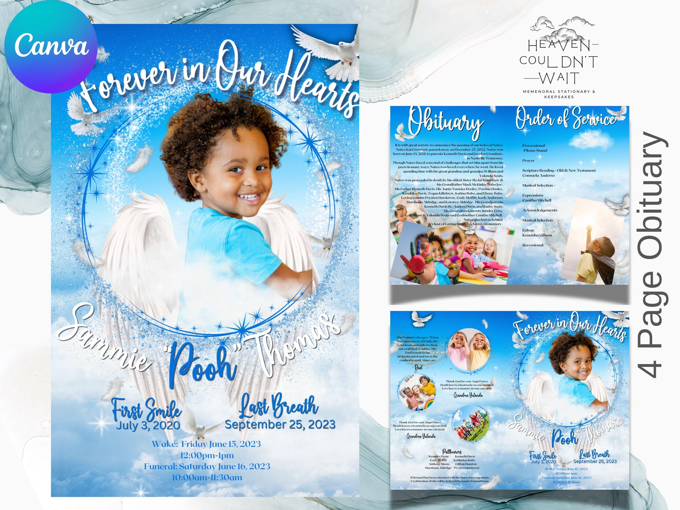 Kids Obituary 4 Page Blue Stars Funeral  Canva Template | Editable Celebration of Life Program | Digital Download Memorial Template