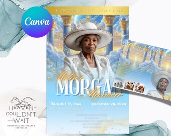 Editable Light Blue & Gold Funeral Program Template | 4-Page Modern Memorial Service Brochure | Printable Obituary Template| Female| Mother