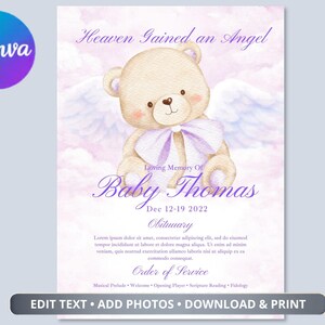 Puede incluir: Tarjeta conmemorativa con una ilustración de acuarela de un osito de peluche con alas de ángel y un lazo morado. El texto dice "Heaven Gained an Angel" y "Baby Thomas" con fechas. El logotipo de Canva está en la esquina superior izquierda.