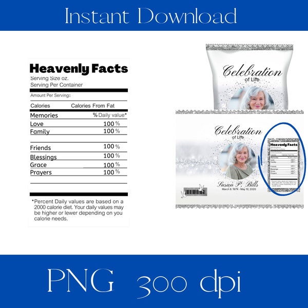 Heavenly Facts/Nutrition Facts Funeral Chip Bag, Obituary, Funeral DIY, In Loving Memory File, Memorial Favor PNG, Funeral Instant Download