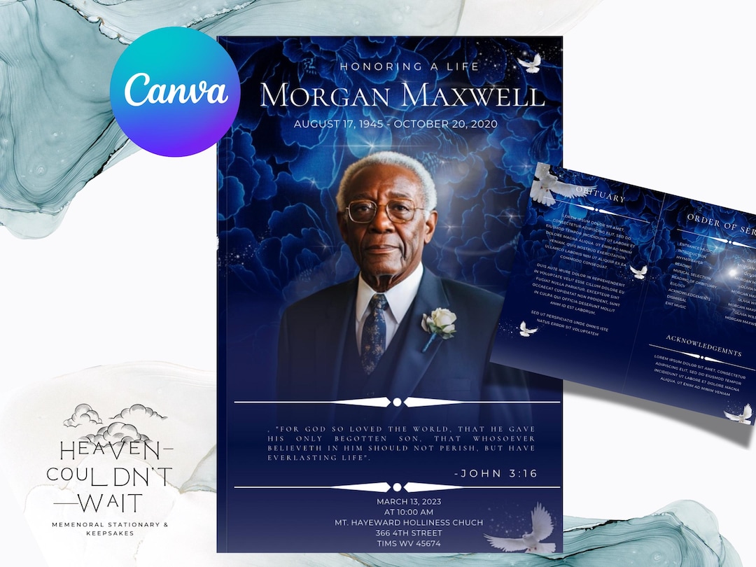 Navy Blue Obituary Program Template: Modern Funeral Memorial (canva