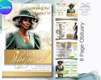 Gold 8 Page Modern Obituary|Canva Pro Template|Program|Memorial|Celebration Life Editable Funeral Flyer Service|African American|