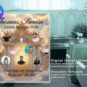 May include: A memorial booklet template with the text "Thomas Swain Family Reunion 2028" and "Gone but not Forgotten Memorial Booklet." The design includes portraits and a Canva logo. The background features a cloudy sky.
