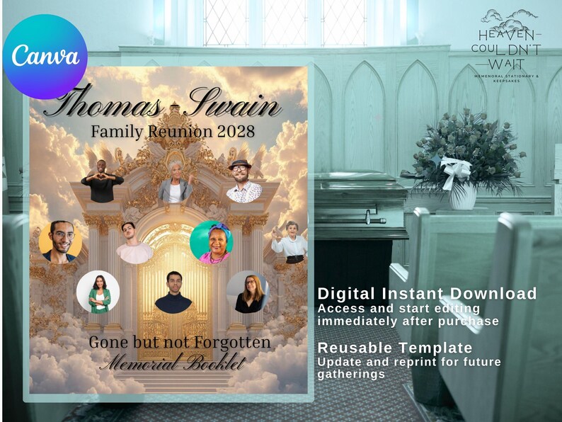 May include: A memorial booklet template with the text "Thomas Swain Family Reunion 2028" and "Gone but not Forgotten Memorial Booklet." The design includes portraits and a Canva logo. The background features a cloudy sky.