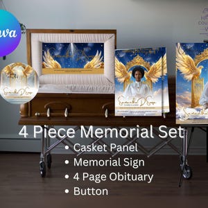 May include: A 4-piece memorial set featuring a casket panel, memorial sign, 4-page obituary, and button. The set includes images of a woman with angel wings, a dove, and the text "Samantha D. Souza". The set is displayed on a wooden casket.