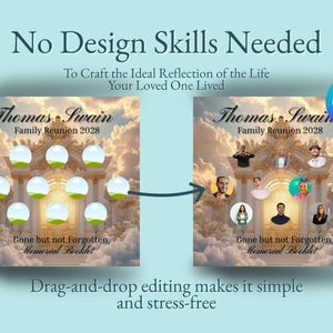 May include: A graphic showing a memorial booklet design with the text "No Design Skills Needed." The design features a cloudy background, the name "Thomas Swain," and the text "Family Reunion 2028." The Canva logo is visible.