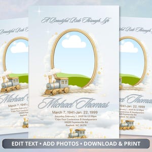 May include: Three memorial cards with a train illustration. Each card features an oval frame with a sky and cloud background, a train, and the text "A Beautiful Ride Through Life." The cards include editable text fields.