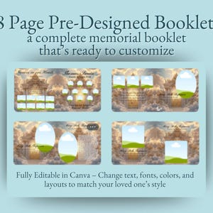 May include: A pre-designed memorial booklet with an 8-page layout, ready for customization. The design features cloud and sky backgrounds with editable text and image placeholders. The text reads "8 Page Pre-Designed Booklet" and "Fully Editable in Canva".