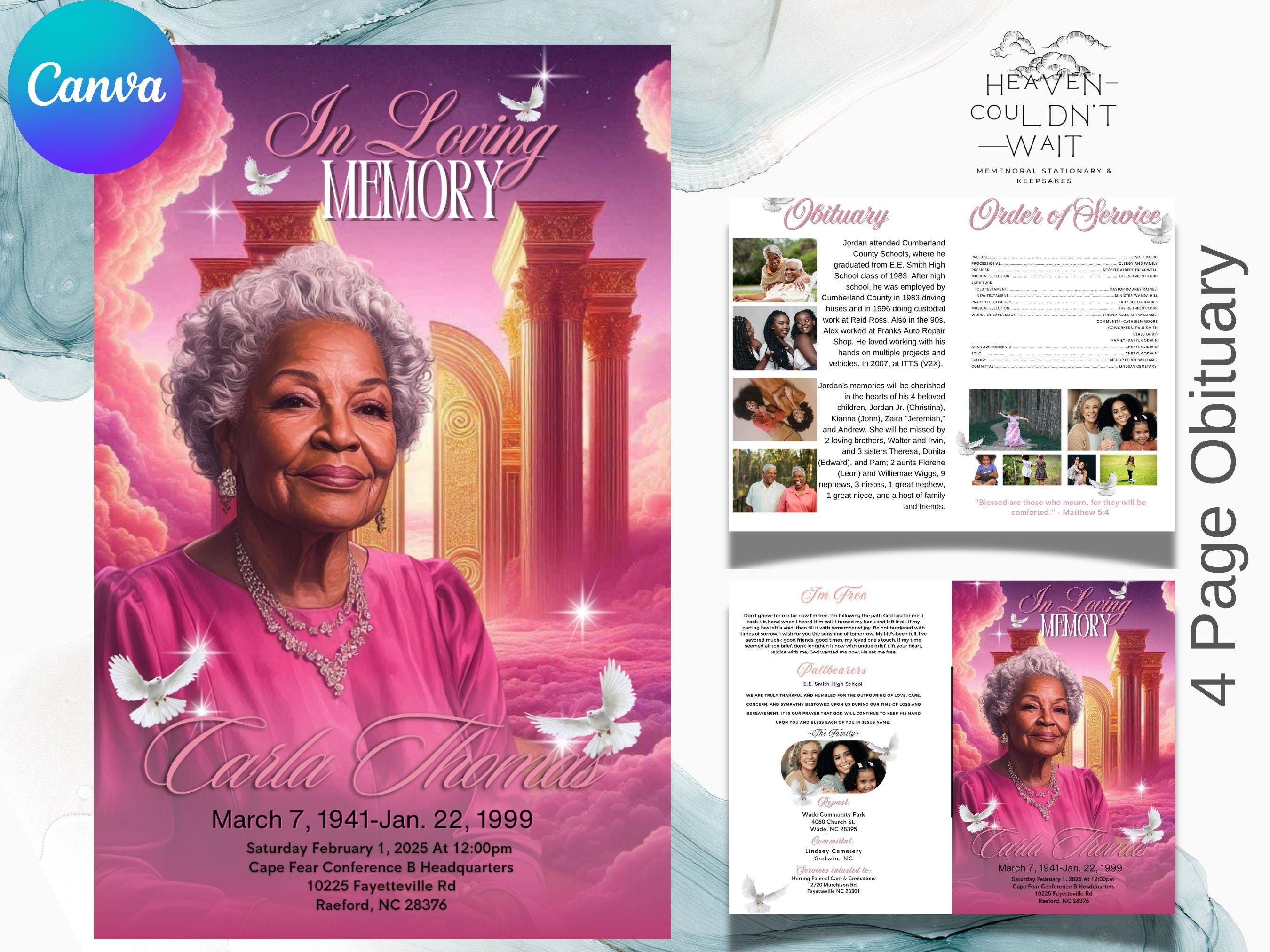 Funeral Obituary Pink and Gold 4 Page 8.5x11 Canva Template | Editable Celebration of Life Program | Digital Download Memorial Template