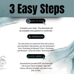 May include: Graphic with the text "3 Easy Steps" and instructions for downloading a digital product. Includes "Add to Cart," "Download," and "Click Here" buttons, along with a logo for "Heaven Couldn't Wait" stationery.