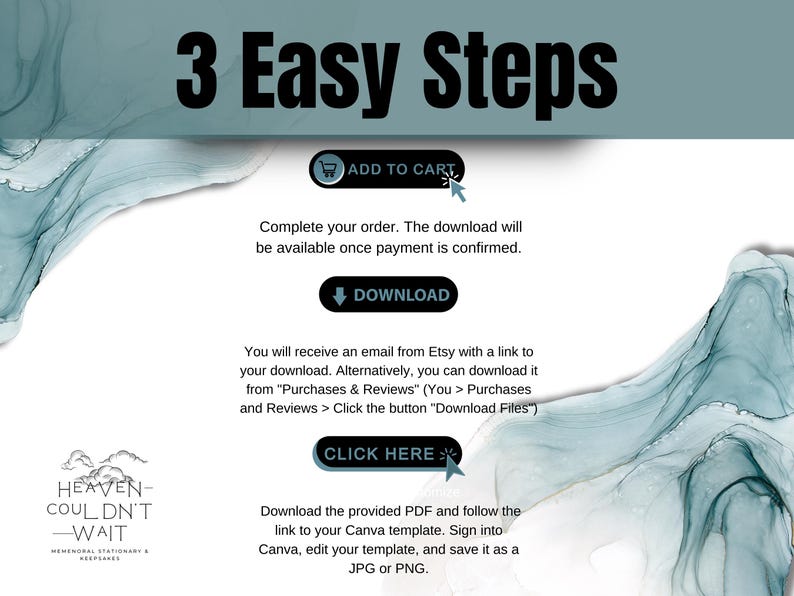 May include: Graphic with the text "3 Easy Steps" and instructions for downloading a digital product. Includes "Add to Cart," "Download," and "Click Here" buttons, along with a logo for "Heaven Couldn't Wait" stationery.