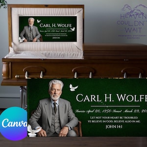 Puede incluir: Una tarjeta conmemorativa verde y blanca con una foto de un hombre con traje y corbata. La tarjeta dice "Carl H. Wolfe Sunrise April 20, 1950-Sunset March 29, 2024 Let not your heart be troubled: Ye believe in God, believe also in me. John 14:1"