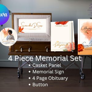 May include: A 4-piece memorial set includes a casket panel, memorial sign, 4-page obituary, and button. The set features a photo of a person, floral accents, and text. The sign is displayed on a black easel.