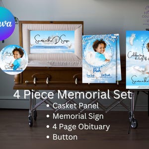 May include: A 4-piece memorial set featuring a casket panel, memorial sign, 4-page obituary, and button. The set includes a photo of a child with angel wings against a blue sky background. The text includes the name "Samantha D Souza".