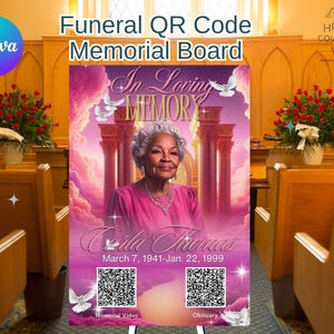May include: A pink and white memorial board with a photo of a woman and the text "In Loving Memory Carla Thomas March 7, 1941-Jan. 22, 1999". Two QR codes are below the text, labeled "Memorial Video" and "Obituary".