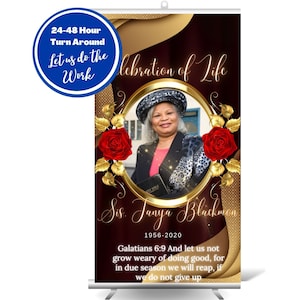 Red & Gold Rose Funeral Backdrop Design, Memorial Photo Backdrop, Celebration of Life Background, Memorial Banner, Funeral, In Loving Memory