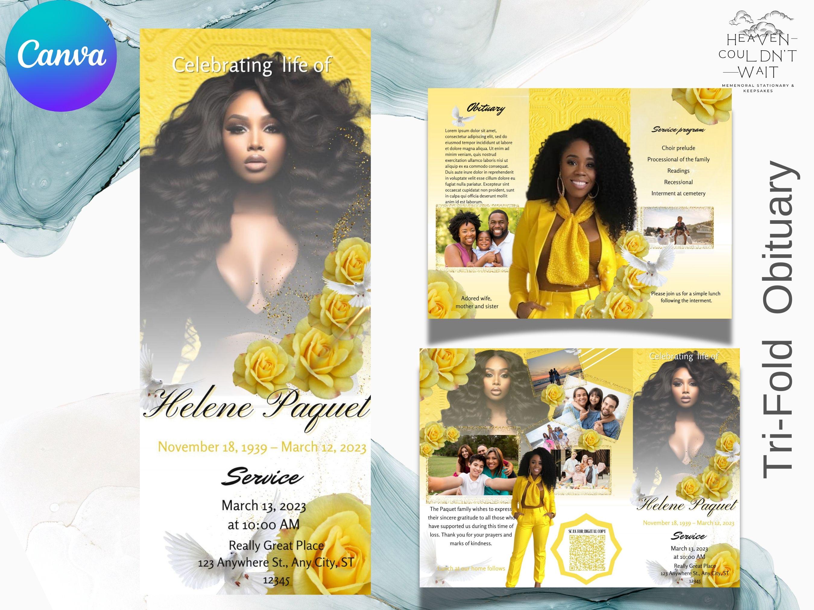 Yellow Roses Funeral Vector Yellow Rose Funeral Obituary Tri-fold Template (digital Download) - Etsy