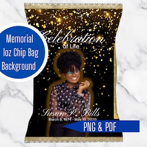 Gold & Black Glitter Funeral Chip Bag, Glitz Obituary, Funeral, In Loving Memory, Memorial Favor, Funeral Instant Download, Background