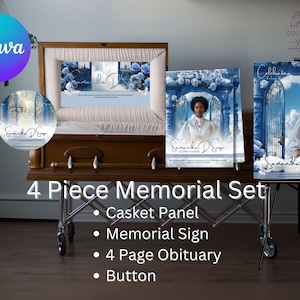 May include: A memorial set featuring a casket panel, memorial sign, 4-page obituary, and button. The set includes images of a woman with blue floral and sky backgrounds. The text includes the name "Samantha D. Souza".